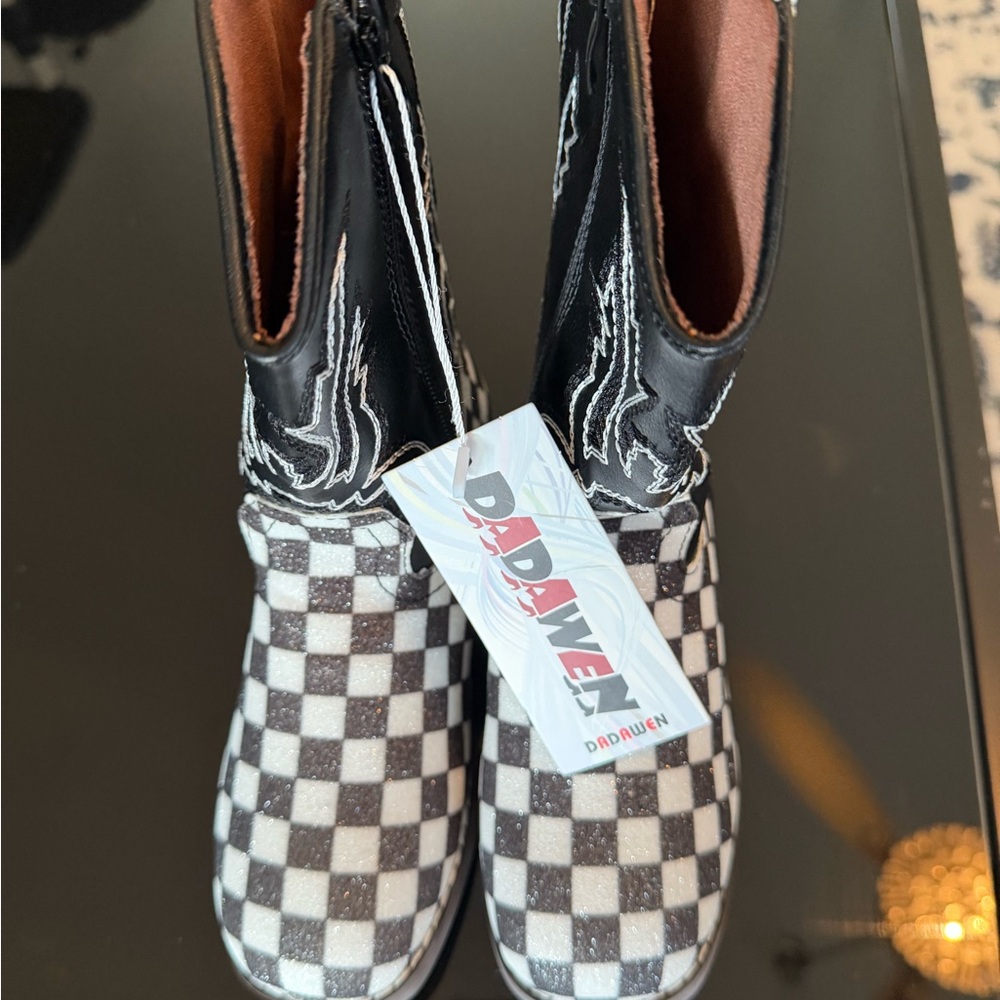 Kids Black & White Checkered Boots